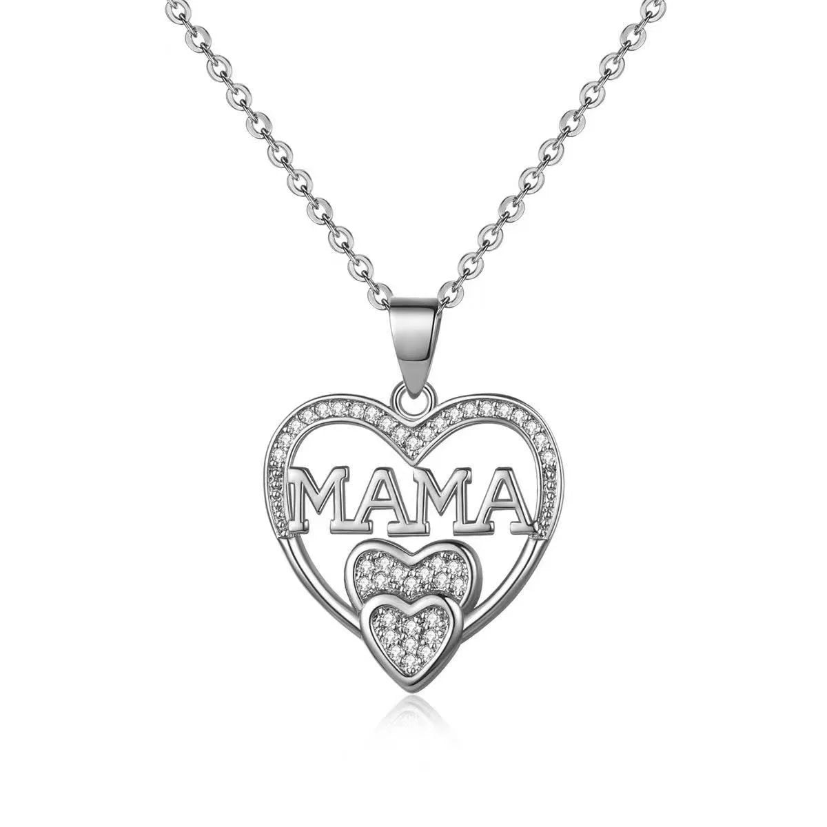 "MAMA" Zircon Heart with Two Tiny Hearts Pendant Necklace for Women