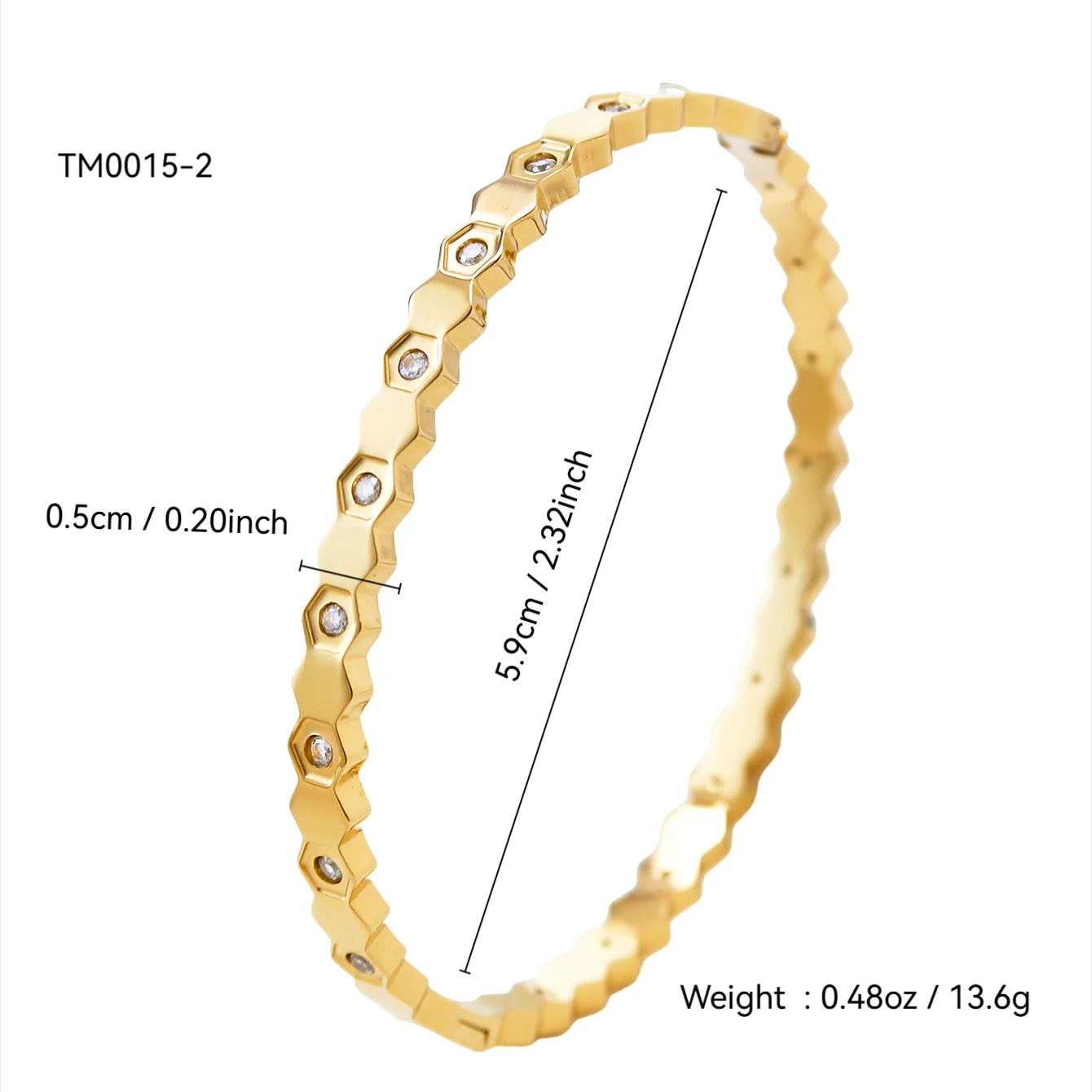 Gold Plated Stainless Steel Diamond-Encrusted Triangle Honeycomb and Heart-Shaped Bangle Bracelets for Women