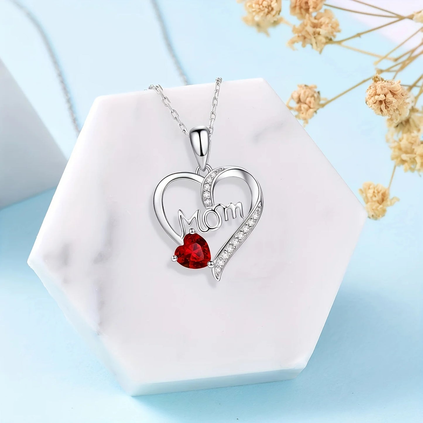 "Mom I Love You to the Moon and Back" Engraved Pendant Necklaces with Colored Heart Stones for Women