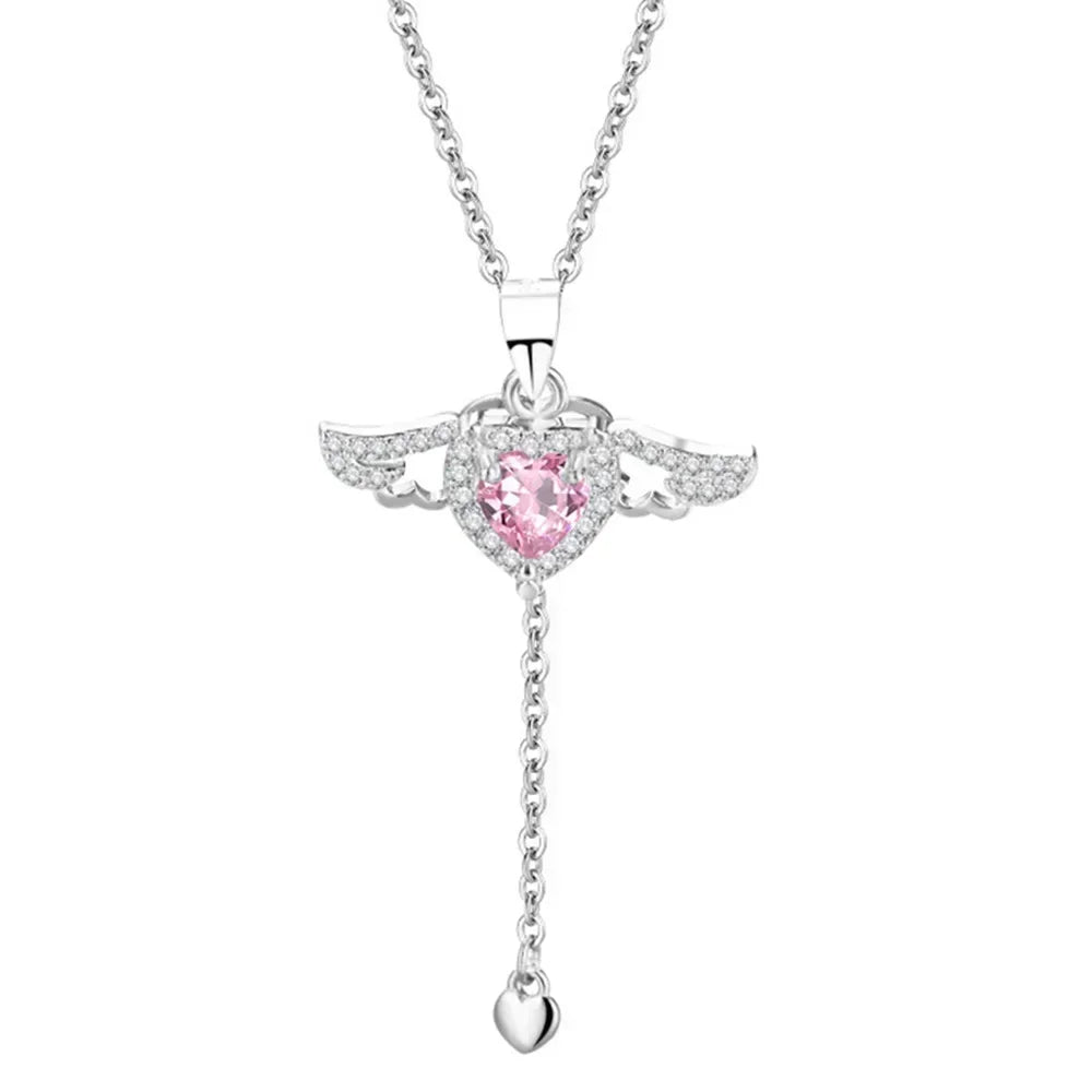 Heart with Angel Wings and Stone Pendant Necklaces for Women