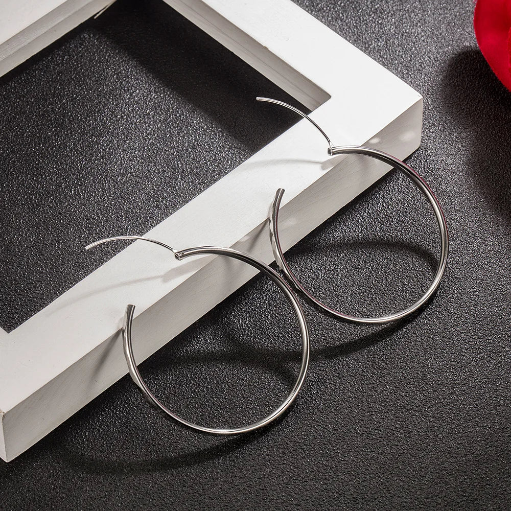 Silver Round Diamond Hoop Earrings for Women