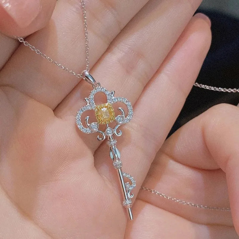 Luxury Silver Yellow Diamond Key Pendant Necklace for Women