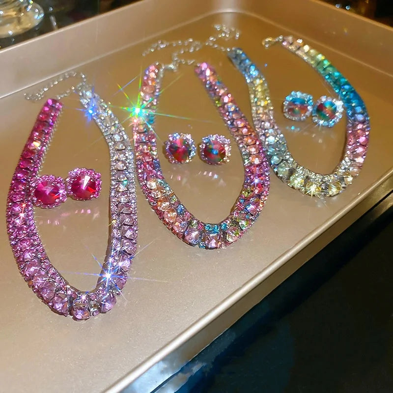 3-Piece Colorful Diamond-Encrusted Necklace and Earrings Jewellery Sets for Women