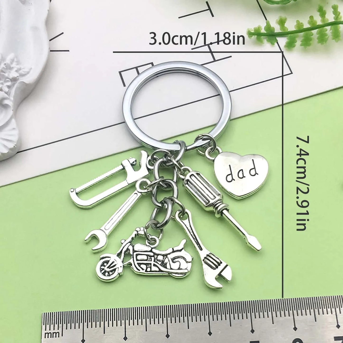 "dad" Engraved Keychain with Screwdriver, Wrenches, Motorcycle, Saw, Heart Charms for Men