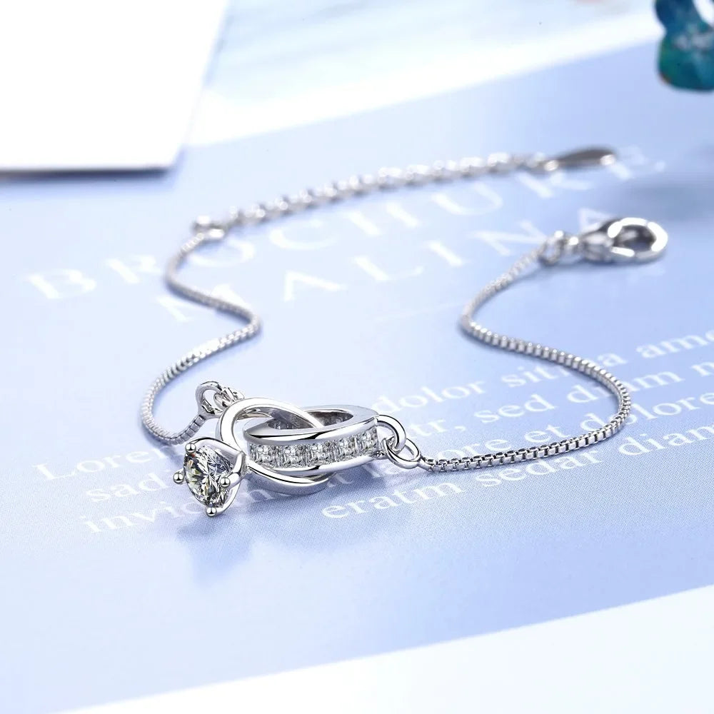 Silver Two Interlocking Circles Zircon Diamond Bracelet for Women