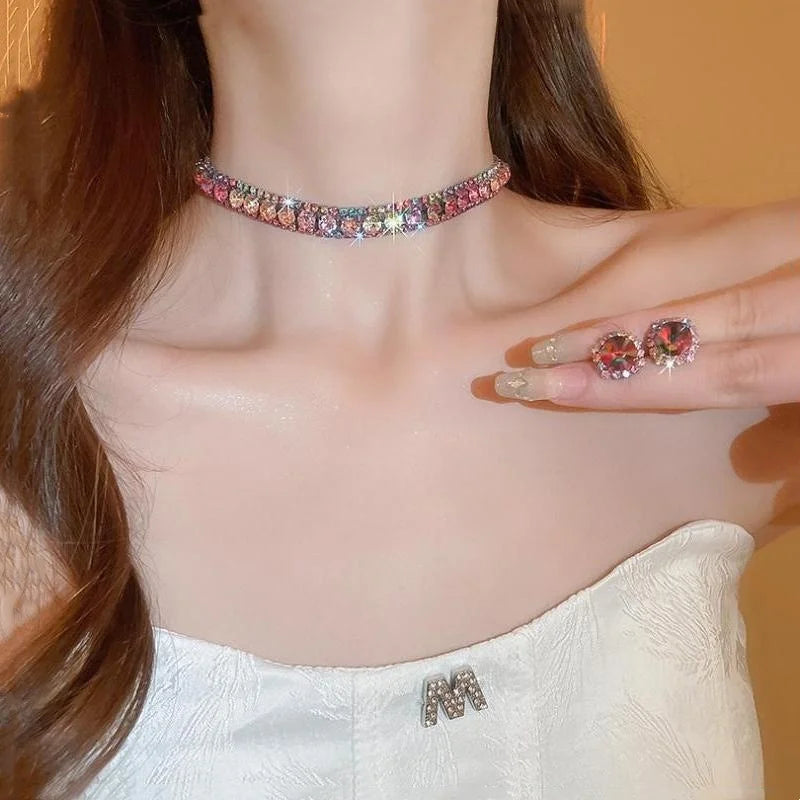 3-Piece Colorful Diamond-Encrusted Necklace and Earrings Jewellery Sets for Women