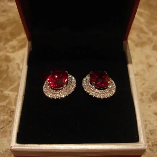 Silver Stud Earrings with Red Stone and Zircon Diamonds for Women