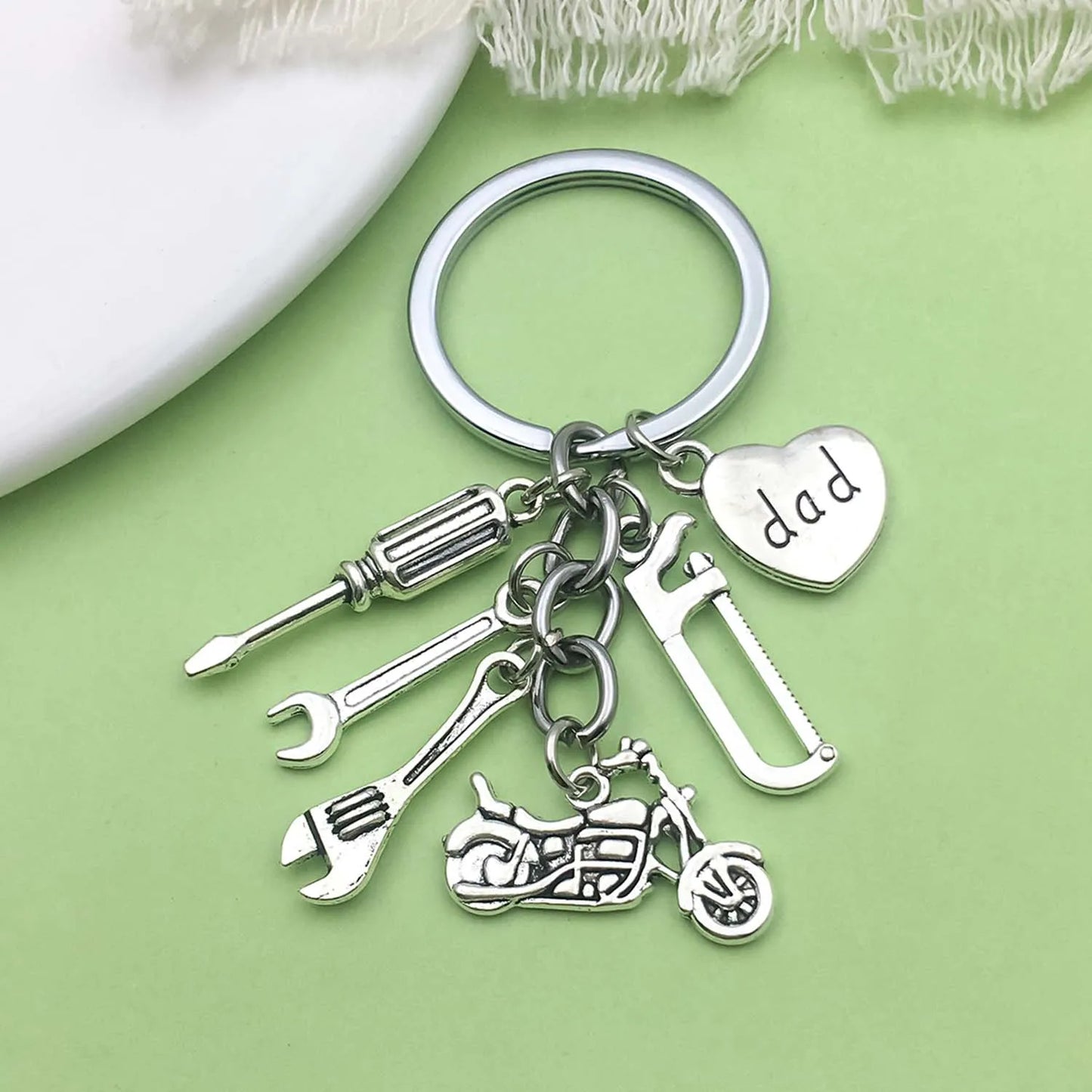 "dad" Engraved Keychain with Screwdriver, Wrenches, Motorcycle, Saw, Heart Charms for Men