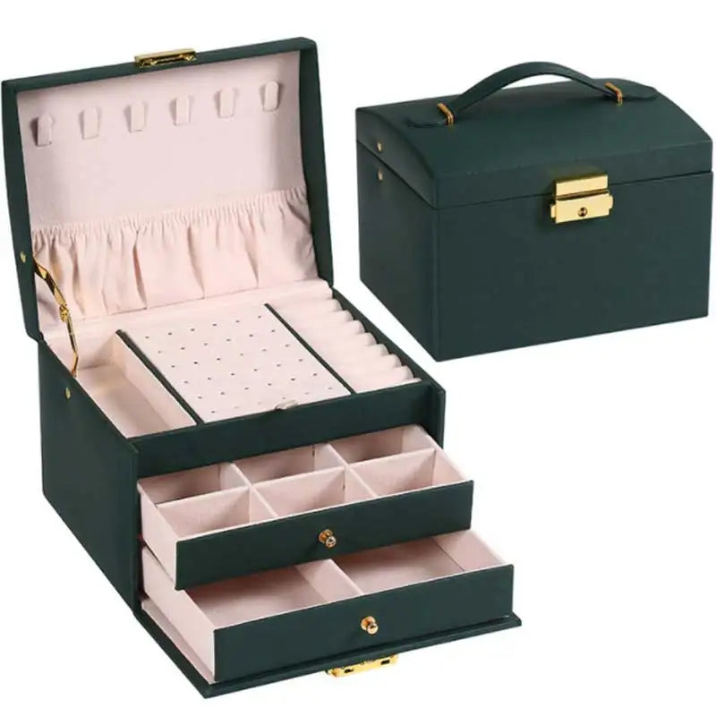 Three Drawer Leather Jewellery Box with Handle and Security Key Lock