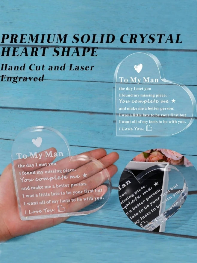 "To My Man" Engraved Heart-Shaped Glass Plaque