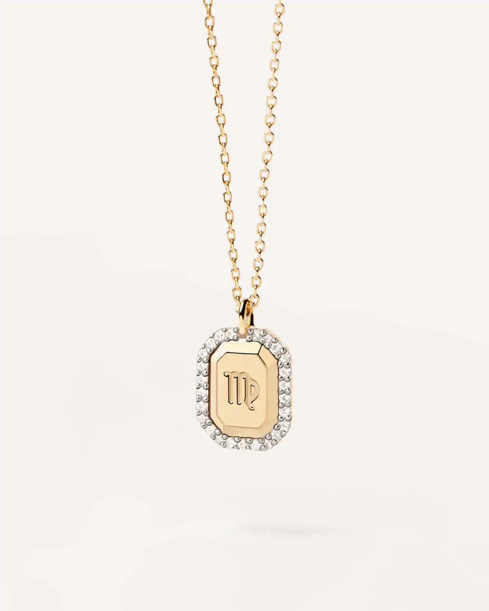 Zodiac Inlaid White Zircon Gold Square Pendant Necklace