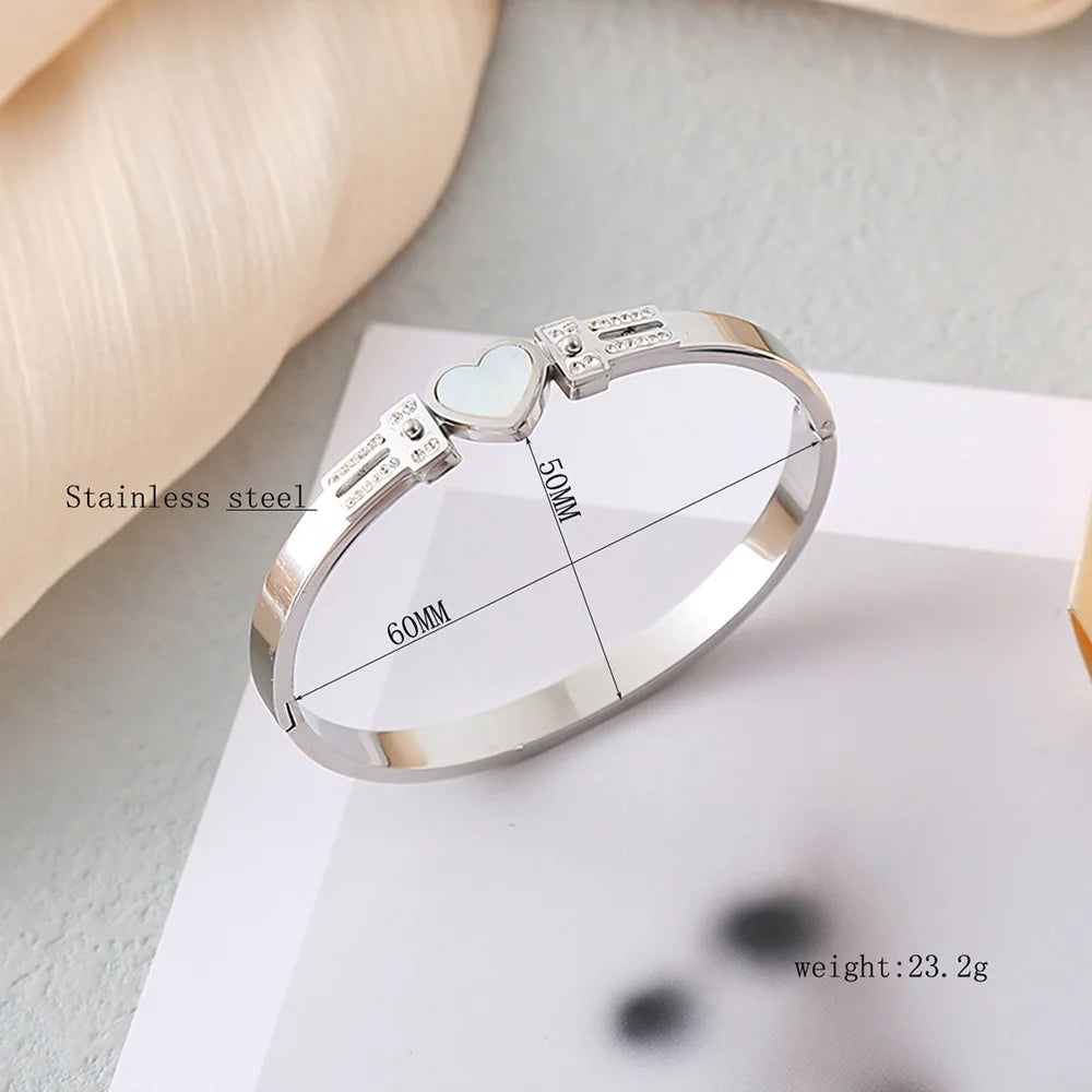 18K Gold or Silver Heart-Shaped Center Bangle Bracelets for Women