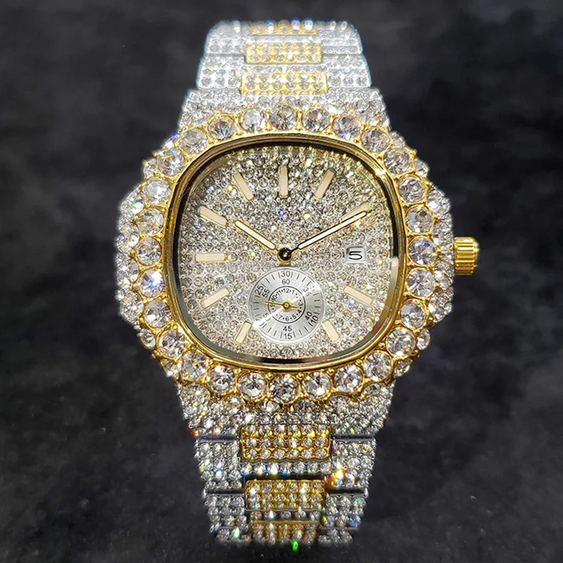 18K Gold Luxury Diamond Quartz Watches for Men with Date Clock