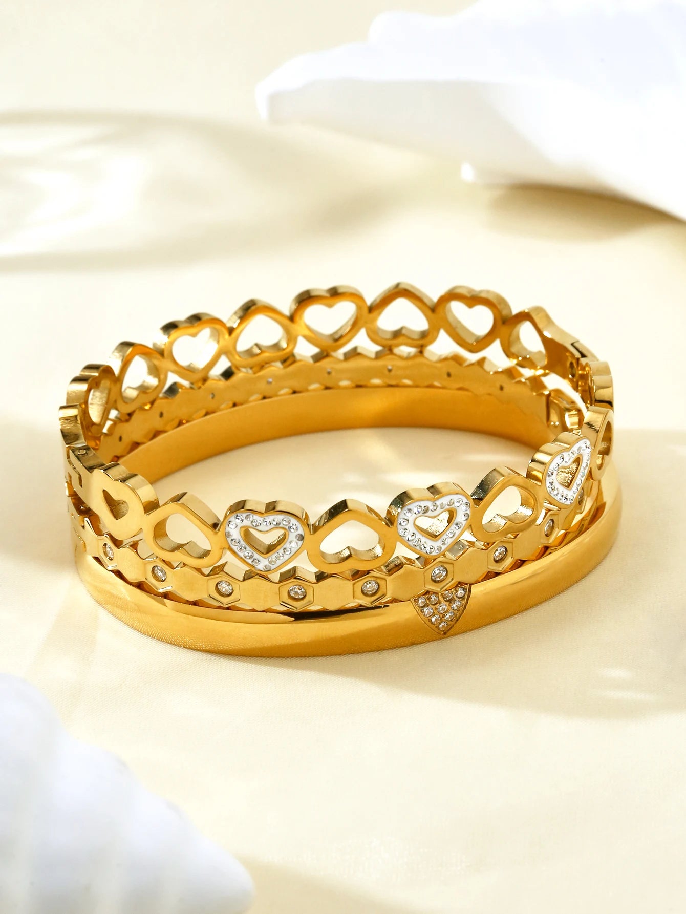Gold Plated Stainless Steel Diamond-Encrusted Triangle Honeycomb and Heart-Shaped Bangle Bracelets for Women