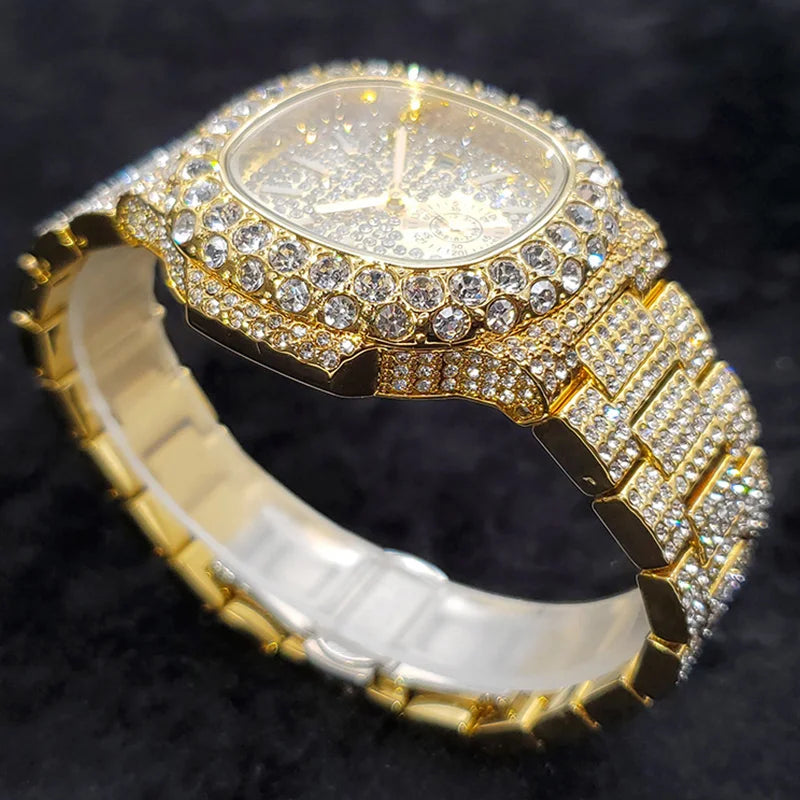 18K Gold Luxury Diamond Quartz Watches for Men with Date Clock