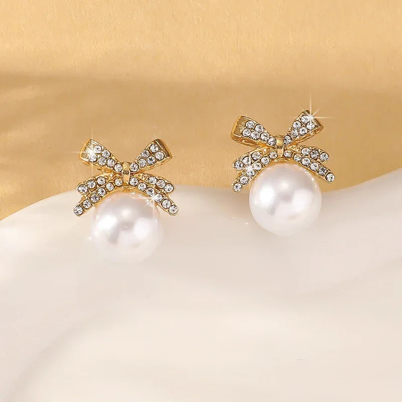 Crystal Diamond Bow Tie Pearl Drop Stud Earrings for Women